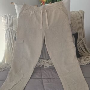 New Mens Zara Beige Linen Drawstring Waist Pants